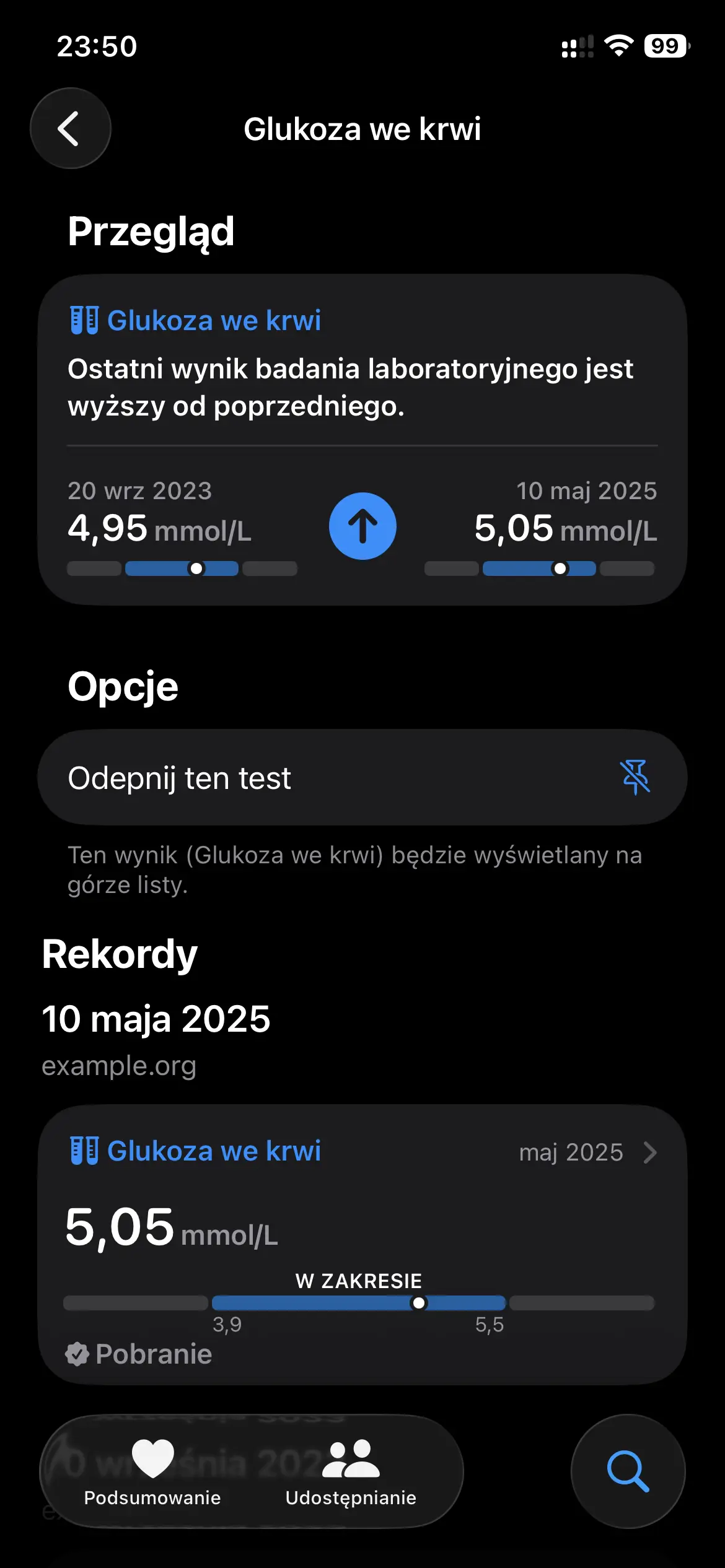 Screenshot of Apple Health — glucose result details with a 4.95 → 5.05 mmol/L comparison and record history