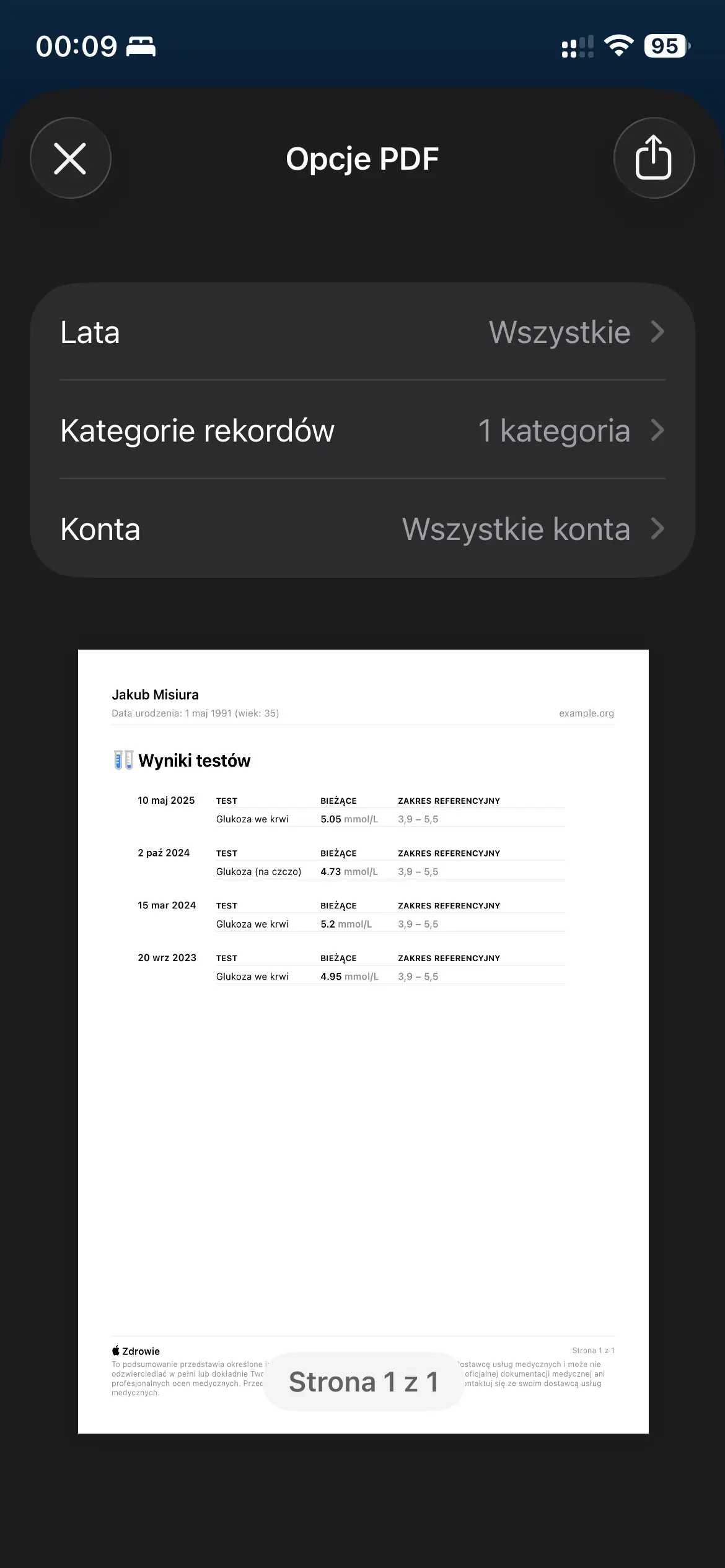 Screenshot of Apple Health — the “PDF options” screen with a preview of a combined results report to share